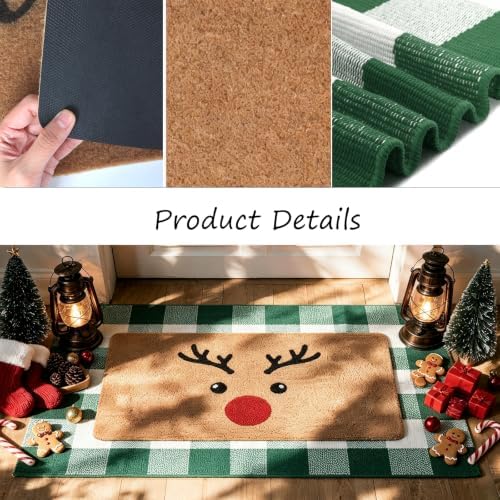 2 Piece Christmas Door Mat Set, Reindeer Coir Mat & Green Plaid Mat - Image 7