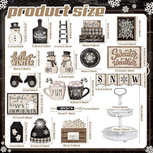 Nuogo 24 Pcs Winter Tiered Tray Decorations Set and 2 Tiered Tray Stand with Handle Winter Table Decoration Tabletop Snowman Decorations for Christmas Home Farmhouse Hot Cocoa - Image 3