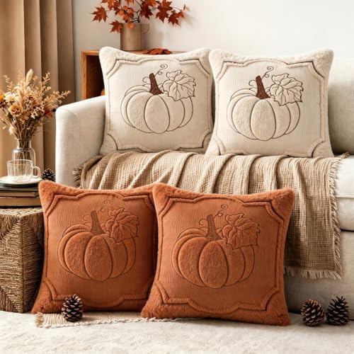 Fall Throw Pillow Covers 18x18 Set of 4 Beige & Orange Pumpkin Pillow Cover - Image 2