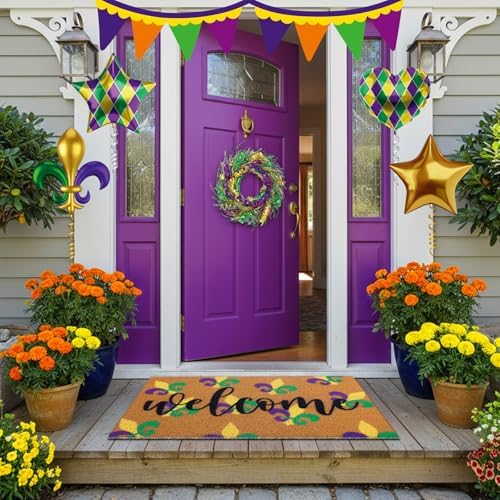 Tingjoo 2 Pcs Mardi Gras Welcome Door Mat and Wreath Set - Image 2
