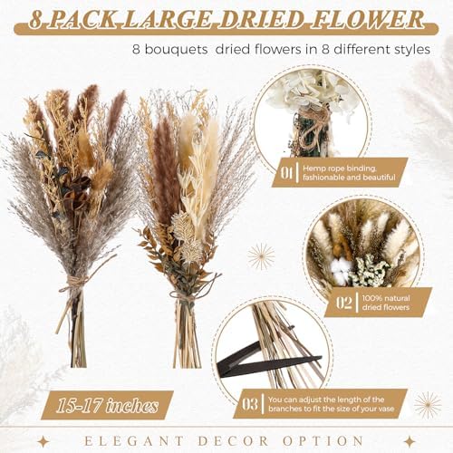 Layhit 8 Pack Large Size Boho Dried Flowers 15-17 Inch, Classic - Image 2