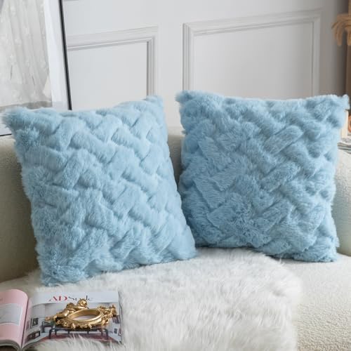 Yaertun Set of 2 Decorative Throw Pillow Covers Thick Plush Wool Throw Pillows Super Soft Luxury Faux Rabbit Fur Velvet Cushion Covers for Couch Sofa Bed Living Room 24x24 Inch Light Blue - Image 2