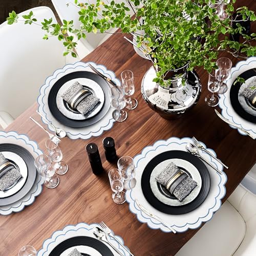 Set of 8 Cotton Linen Placemats, 15x15 Scalloped Flower Embroidery Cloth Table Mats Double Layered Fabric Machine Washable Wrinkle Free Dining Placemat for Restaurant Kitchen Decor, White with Blue - Image 7