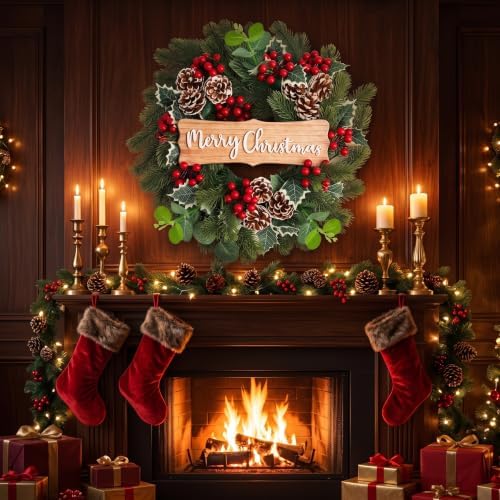20" Merry Christmas Wreaths for Front Door Winter with Pine Needles Eucalyptus Holly Leaves Pine Cones Red Berries for Indoor Outdoor Home Wall Decor Decoration - Image 5