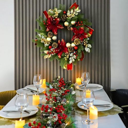 24" Christmas Wreaths for Front Door with Lights & Poinsettia Flowers - Image 6