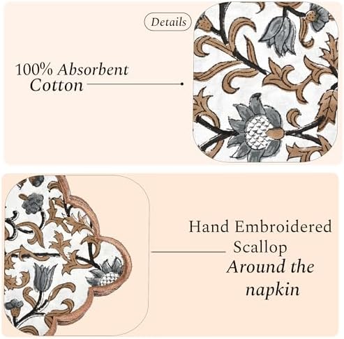CPC Autumn Vine Block Print Cotton Embroidery Napkin 18x18 (Pack of 4) - Image 2
