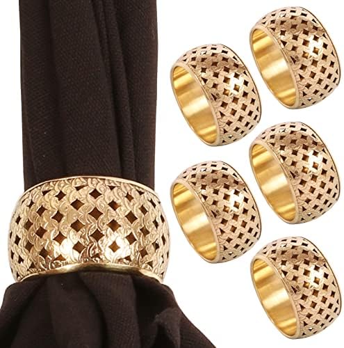 Brass Base Hand-Cut Mesh Table Napkin Rings, Gold Tone, Set of 6 by Indtresor