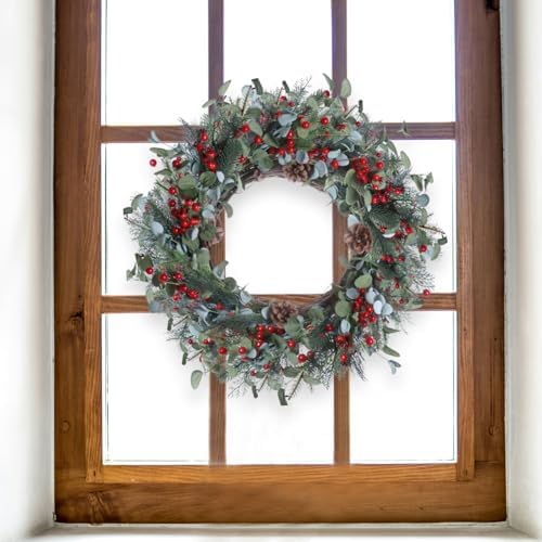 20 Inches Christmas Wreath Winter Wreaths Holiday Christmas Wreaths for Front Door Christmas Berry Wreath with Pine Needles Pine Cones Red Berries for Window Indoor Outdoor Winter Decorations - Image 2
