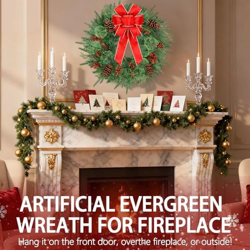 26 Inch Christmas Wreath Decorations,Artificial Wreaths with 50 LED Lights 8 Modes & Timer & Remote Control,144 PVC Tips,Large Red Bow,Pine Cones,Berries for Front Door,Indoor/Outdoor Holiday Decor - Image 5