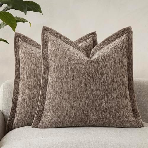 Decorative Chenille Luxury Throw Pillow Covers with Wide Edge, Textured Solid Pillowcases, Soft Velvet Cushion Cover Home Décor for Couch Sofa Living Room,20×20 Inch, Set of 2, Taupe by Unknown