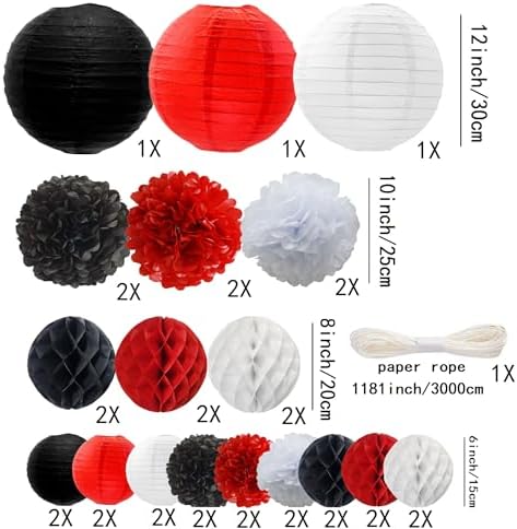 WOLHOWLTD Red Black White Paper Decoration Set - 33 Pcs Paper Lanterns, Pompoms, Honeycomb for Wedding, Valentine's,Bridal Shower,Birthday Party Decoration(red Black White) - Image 2