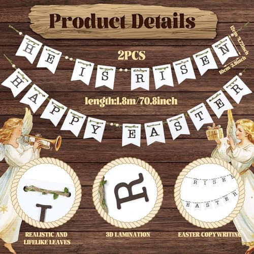 Marsui 2 Pcs He Is Risen Decor Easter Wood Bead Garland Happy Easter Hanging Banner Church Christian He Is Risen Hanging Decor Religious Garland Decoration for Christian Party Fireplace Home Wall Sign - Image 3