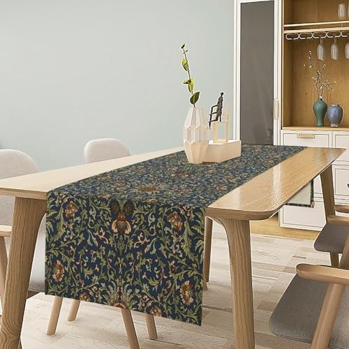 William Morris Style Plant Table Runner for Table Decor, Rustic Blue Art Flower Vintage Floral Botanical Bird Printed for Kitchen Dining Room Living Room Party Office Holiday Decorate 13" x 120" - Image 6