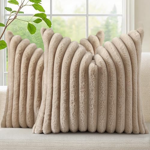 decorUhome Fall Faux Fur Throw Pillow Covers 24x24 Set of 2 Khaki Brown by decorUhome