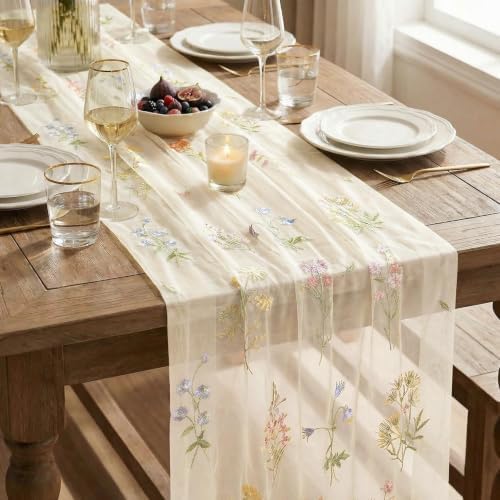 Artoid Mode 6PC Wildflower Floral Beige Apricot Gauze Embroidery Table Runner 120 Inch 10FT, Tulle Seasonal Spring Kitchen Dining Table Decor for Home Party - Image 7