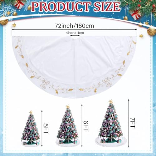 72inch Extra Large Christmas Tree Skirt White Luxury Velvet Plush Fur Skirts with Gold Embroidery Xmas Velvet Tree Skirt Holly Leaves Gold Embroidered Trees Skirt for Christmas Holiday Party Decor - Image 2