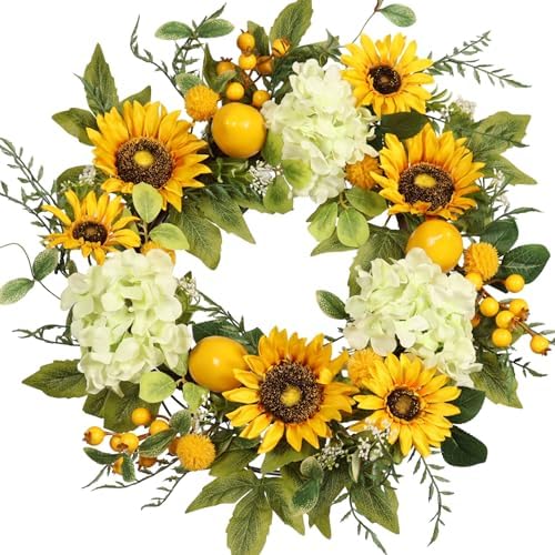 Sunflower Wreath with Hydrangeas, Lemons, Big Berry,Summer Wreath for Front Door, Unique Housewarming Gift,mother'day Gift,Farmhouse Porch Decor, Wall Decor-22IN by Pudate