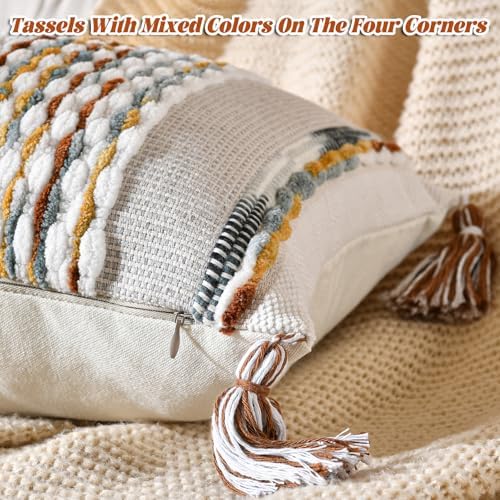 AmHoo Chenille Striped Textured Boho Throw Pillow Covers Aesthetic with Tassels Woven Decorative Pillow Case for Couch Bed Sofa Bedroom Modern Funky 14 x 36-Inch Brown - Image 3