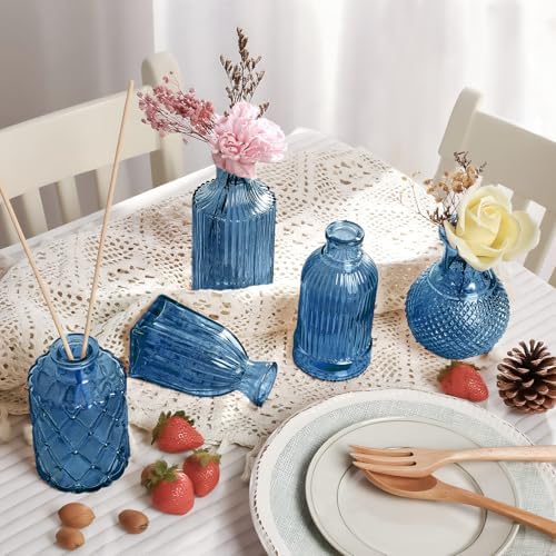 Blue Glass Vase Set of 12, Clear Bud Vase in Bulk, Small Flower Vases for Centerpieces, Mini Vases for Flowers, Vintage Decorative Embossed Vase for Home Decor, Wedding Table Decoration, Gift - Image 2