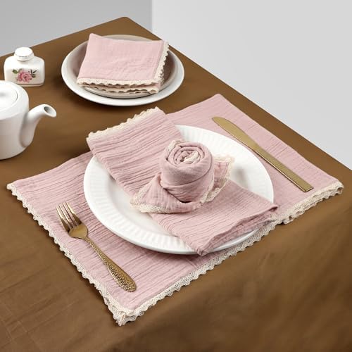 FINGERCRAFT Lace Cloth Napkin, Cotton Gauze, Set of 12, 20x20 in,Peach Wipe - Image 4