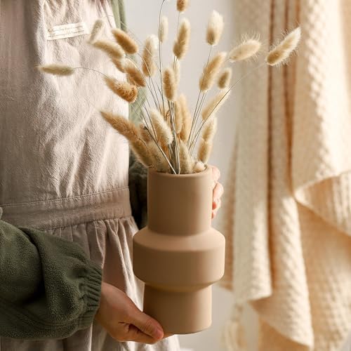 Modern Ceramic Vase Set of 3, 8 inch Simple Geometric Lines Vase for Pampas Grass Dried Fresh Flowers, Home Decor, Bedroom, Living Room, Bookshelf Decoration, Neutral Minimalist Nordic Style - Image 4