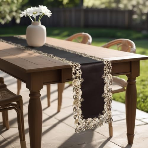 DECOZEN Gold Lace Black Christmas Table Runner – Embroidered Dining & Dresser Decor Scarf for Holiday Tables, Weddings & Parties – 14 x 108 in Elegant European Falling Granada Collection - Image 2