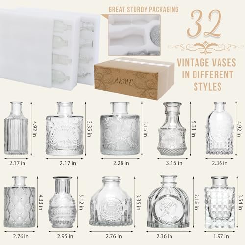 Arme Glass Bud Vase Set of 32 Pcs，Small Glass Vases for Flowers，Clear Bud Vases in Bulk，Vintage Vases for Centerpieces，Small Glass Bud Vase for Rustic Wedding Decorations，Home Table Flower Décor - Image 2