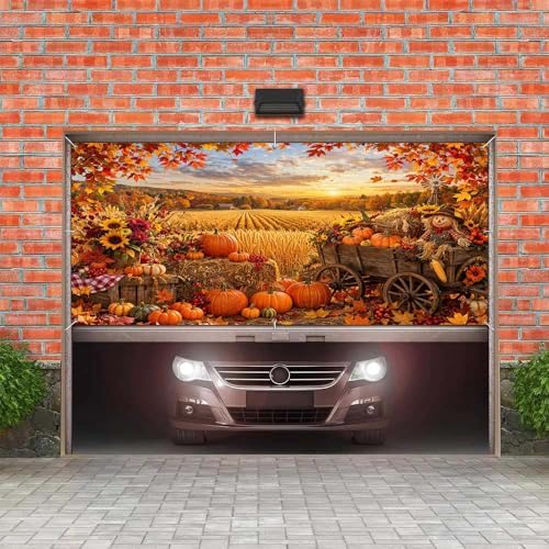 16X7Ft Fall Garage Door Banner, Autumn Pumpkin Scarecrow Harvest Leaves Backdrop Door Cover Fall Thanksgiving Wall Decorations Photo Background for Home Party Outdoor Yard Holiday - Image 4