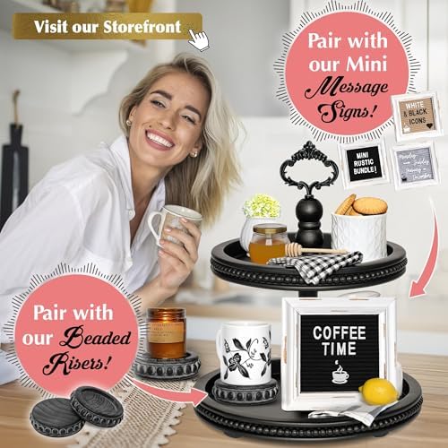 2 Tiered Tray Wooden Serving Stand by Felt Creative Home Goods. Small Beaded Tray for Home Decor Display Farmhouse Country Decoration Kitchen or Dining. Includes 3 Finial Custom Handles (Black) - Image 5