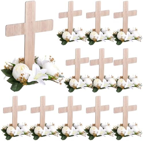 12 Sets Baptism Centerpieces Table Decorations First Communion Wooden Cross Ornament Set with Lily Candle Ring Wreath Purple Ribbon with Stands for Baptism Baby Shower Wedding (Wood) by Unknown