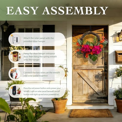 Solar Spring Wreath 24 inchWreath for Front Door Pre-lit 50LED Spring Decorations for Outside Flower Basket Summer Decor Wreath for Wall Festival Holiday Farmhouse Decor(2406) - Image 3