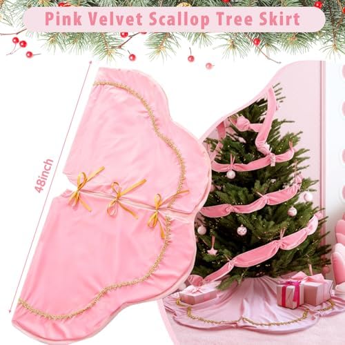 Arrowbash Pink 48 Inch Christmas Tree Skirt Velvet Scallop Ddge - Image 5
