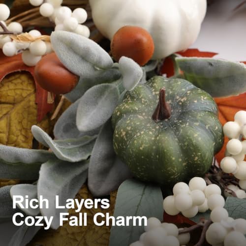 Fall Wreaths for Front Door 22 Inch Autumn Pumpkin Wreath with Orange Maple Leaves Eucalyptus Leaves White Berries Bow Rustic Farmhouse Thanksgiving Wreaths Decor for Indoor Porch Wall Home - Image 5