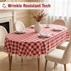 Red Checkered Oval Tablecloth, Cotton Linen Texture, 60"x84" - Image 3