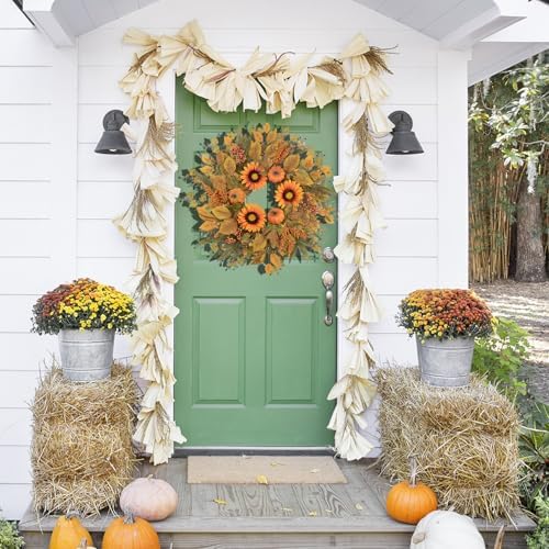 Eucalyptus Wreaths for Front Door 24 Inch Wreath with Artificial Pumpkin Sunflower Fall Leaves Front Door Wreath Decorations Porch Farmhouse Outdoor Indoor All Seasons Home Hanging Decor - Image 2