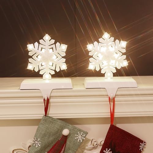 2 pcs Lighted Snowflake Christmas Stocking Holders for Mantel - LED Snowflake Stocking Holder Set - Christmas Stocking Hangers for Mantel - Metal Fireplace Hooks for Christmas Decorations by Kersiki