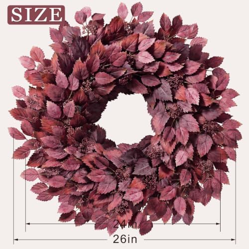 26" Artificial Hibiscus Leaves Fall Wreath for Front Door Decor(Autumn Red) - Image 6