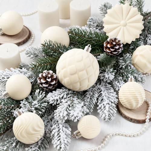 48 Pcs Velvet Christmas Ball Ornaments,Flocked Christmas Tree Decorations,Xmas Tree Decor,Hanging Balls Ornaments with Loop,Decoration for Xmas,Holiday,Wedding,Home Decor,Multi-Shape (Beige) - Image 4