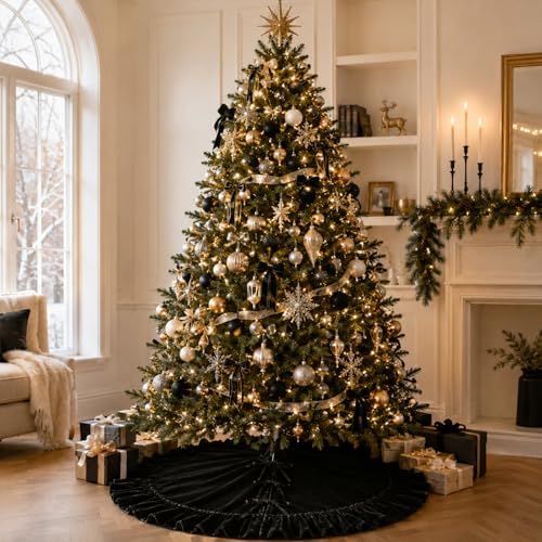 60-Inch Black Ruffled Velvet Christmas Tree Skirt with Bow Ties, Extra Large Vintage Round Pleated Xmas Tree Base Cover for Christmas Holiday Home and Party Decor, 150 cm - Image 5