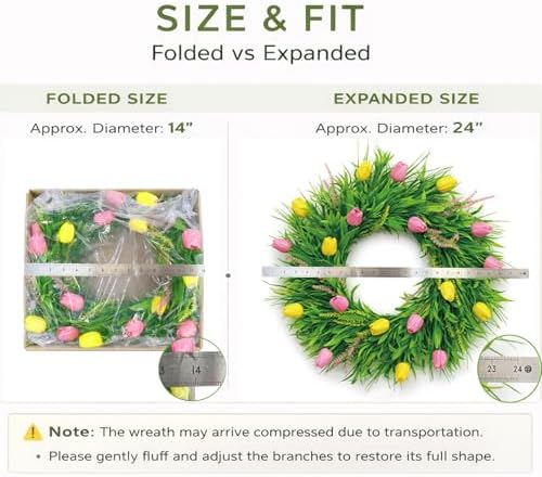 Spring Wreaths for Front Door, 24 Inch Artificial Tulip Wreath with Pink Yellow Lavender and Greenery, All Season Floral Wreath for Home Farmhouse Wall Indoor Outdoor Festival Decor - Image 4