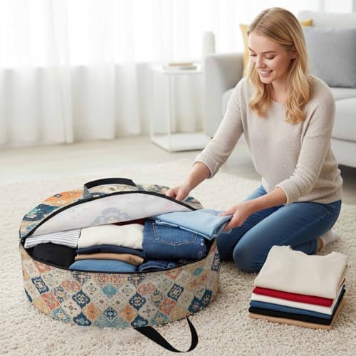 Boho Round Storage Bag 24 Inch, Vintage Orange Blue Abstract Ethnic Flower Texture Clothes Storage Container with Handles Heavy Duty Organizer for Comforter, Bedding & Holiday Wreaths - Image 3