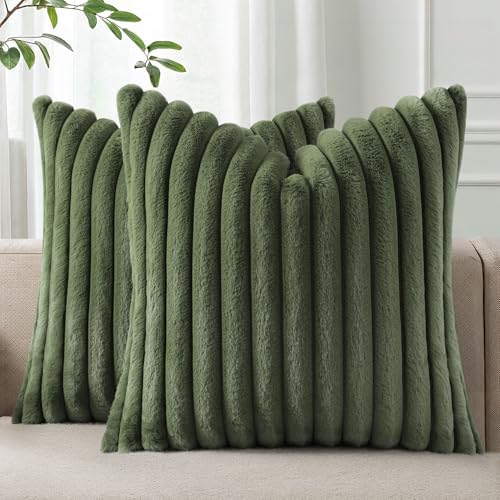 Pallene Faux Fur Decorative Throw Pillow Covers 20x20 Set of 2, Olive Green by PALLENE