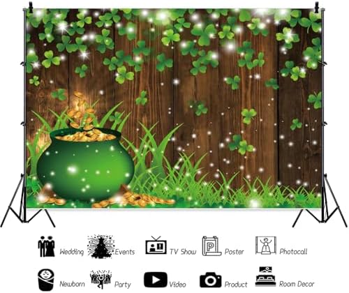 St Patricks Day Backdrop Ireland Green Shamrocks Gold Coins Decorations Background Brown Wooden Board Irish Clover Baby Shower Background Birthday Party Banner Studio Props 12x8ft - Image 3