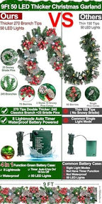 Timer - 9Ft by 10 Inch Prelit Christmas Garland with 50 Colorful Lights, Thick 270 Snowy Tips 70 Red Berry 10 Pinecone Battery Operated 8 Mode Real Touch Cedar Valentines Garland Mantle Indoor Outdoor - Image 2