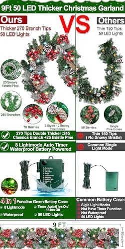 Timer - 9Ft by 10 Inch Prelit Christmas Garland with 50 Colorful Lights, Thick 270 Snowy Tips 70 Red Berry 10 Pinecone Battery Operated 8 Mode Real Touch Cedar Valentines Garland Mantle Indoor Outdoor - Image 2