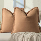 ZWJD Pillow Covers 20x20 Set of 2 Camel Throw Pillow Covers with Fringe Chic Cotton Decorative Pillows Square Cushion Covers for Sofa Couch Bed Living Room Farmhouse Boho Decor by ZWJD