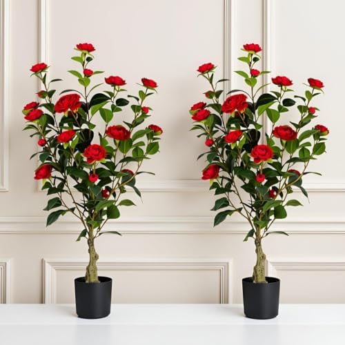 Artificial Camellia Tree 2 Pack, 3FT Faux Camellia Plant in Pot, 36 inch Fake Potted Camellia Flower Tree Plastic Camellia Tree for Modern Home Office Christmas Living Room Floor Decor Indoor, Red by Berdkaba