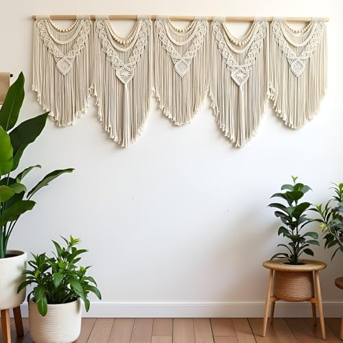 Extral Large macrame wall hanging, 71'' W x 32'' L boho wall art tapestry wall decor for urban entryway,living room,bedroom decor, headboard woven wall art, big fiber art over couch art for Yarn hallway (Wood Bead-B) - Image 2