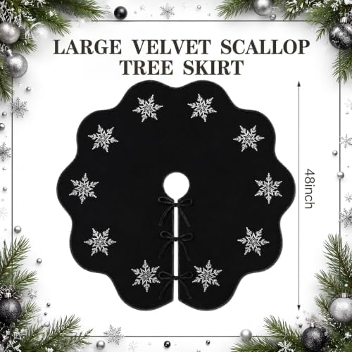 Hollowfly Black Velvet Christmas Tree Skirt with Sequin Snowflake 48'' - Image 2