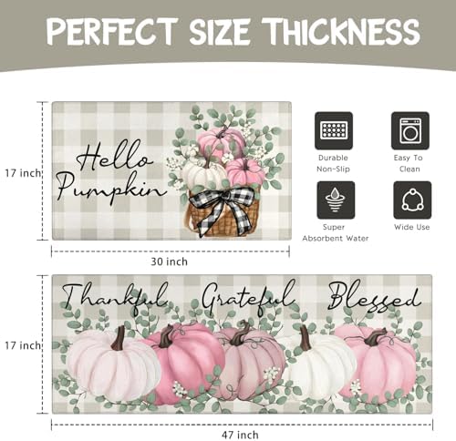 Fall Thanksgiving Pumpkin Kitchen Rugs Set of 2,Eucalyptus Buffalo Plaid Farmhouse Floor Mats and Rugs Non Skid Washable for Kitchen Home Decor (Pink 17"x47"+17"x30") - Image 3